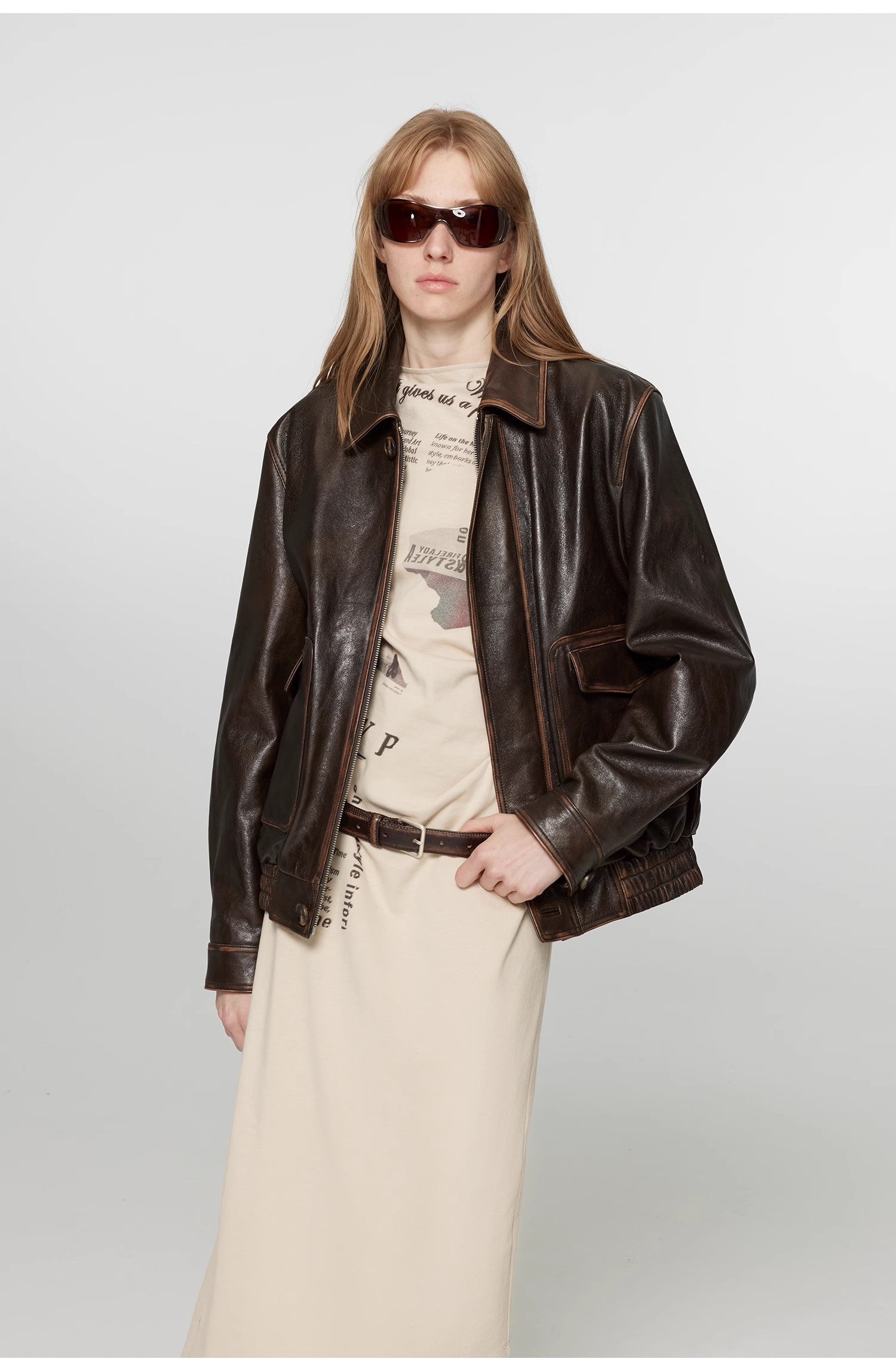South City Old Lane Vintage Brown Aviator Leather Jacket-2
