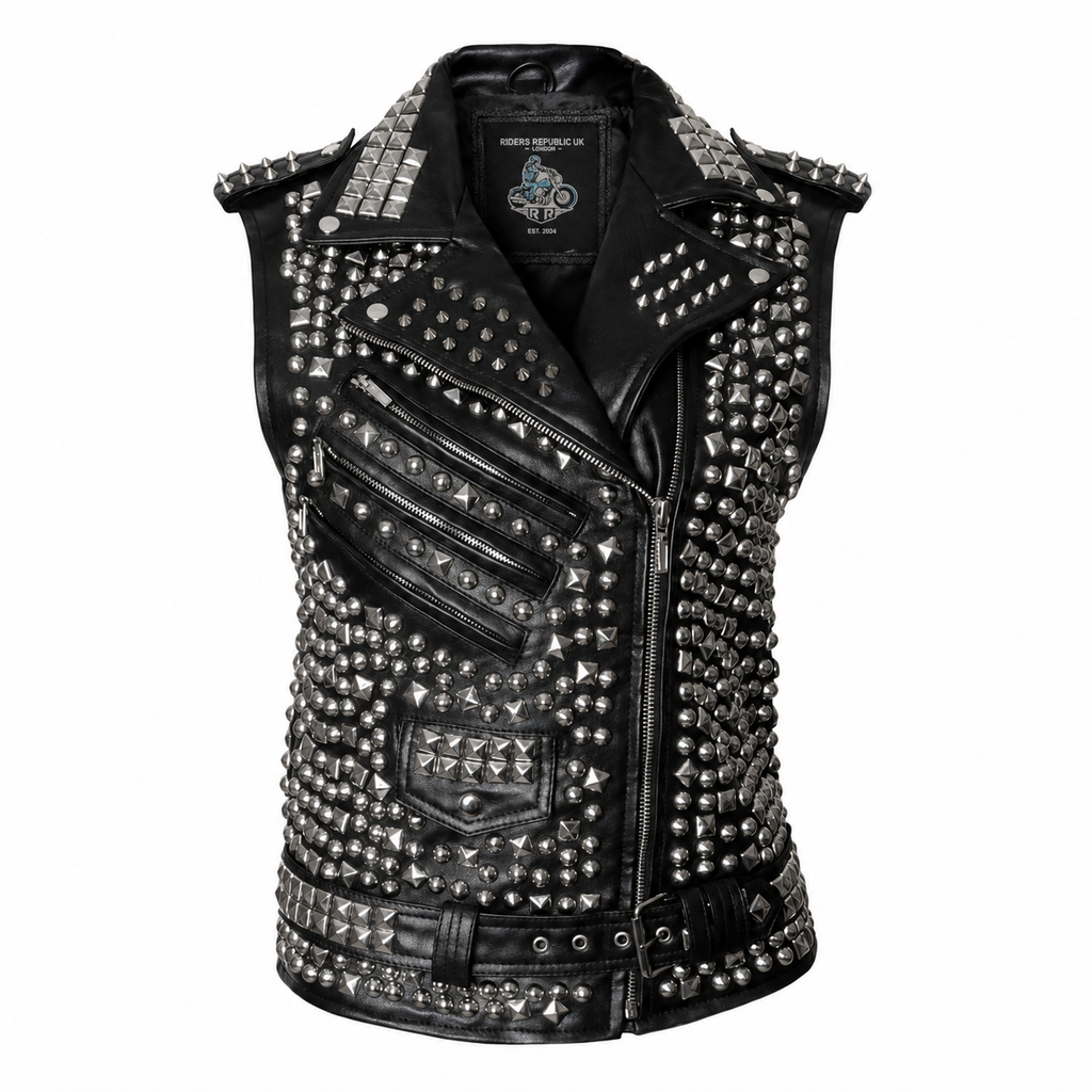 Men’s Studded Leather Vest with Silver Studs & Zipper Pockets-0