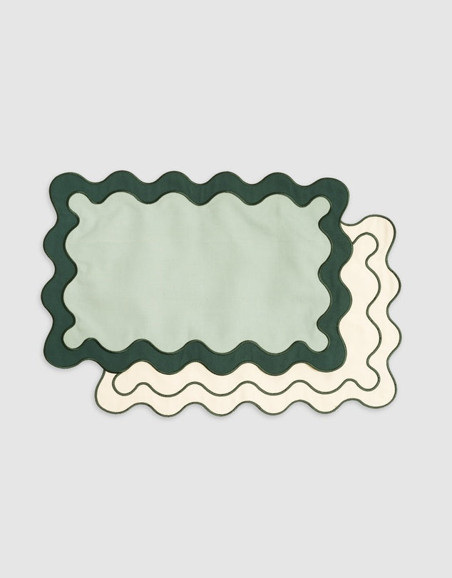 Linen Table Placemat Set with Embroidered Scalloped Edges-0