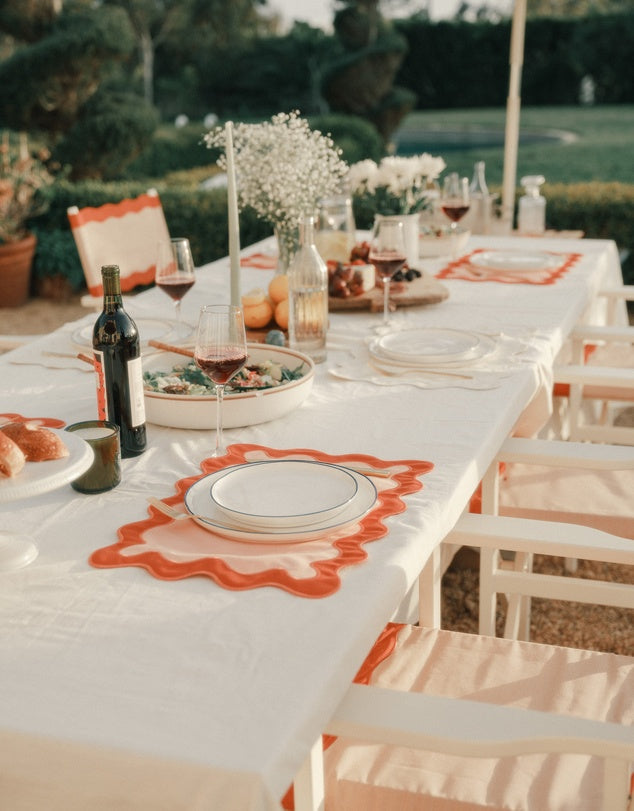 Linen Table Placemat Set with Embroidered Scalloped Edges-0