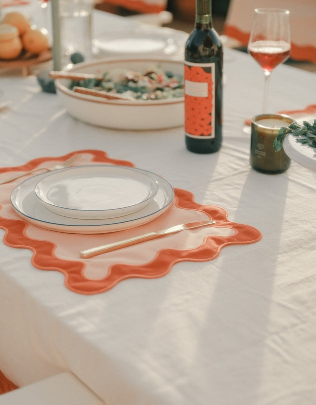 Linen Table Placemat Set with Embroidered Scalloped Edges-3