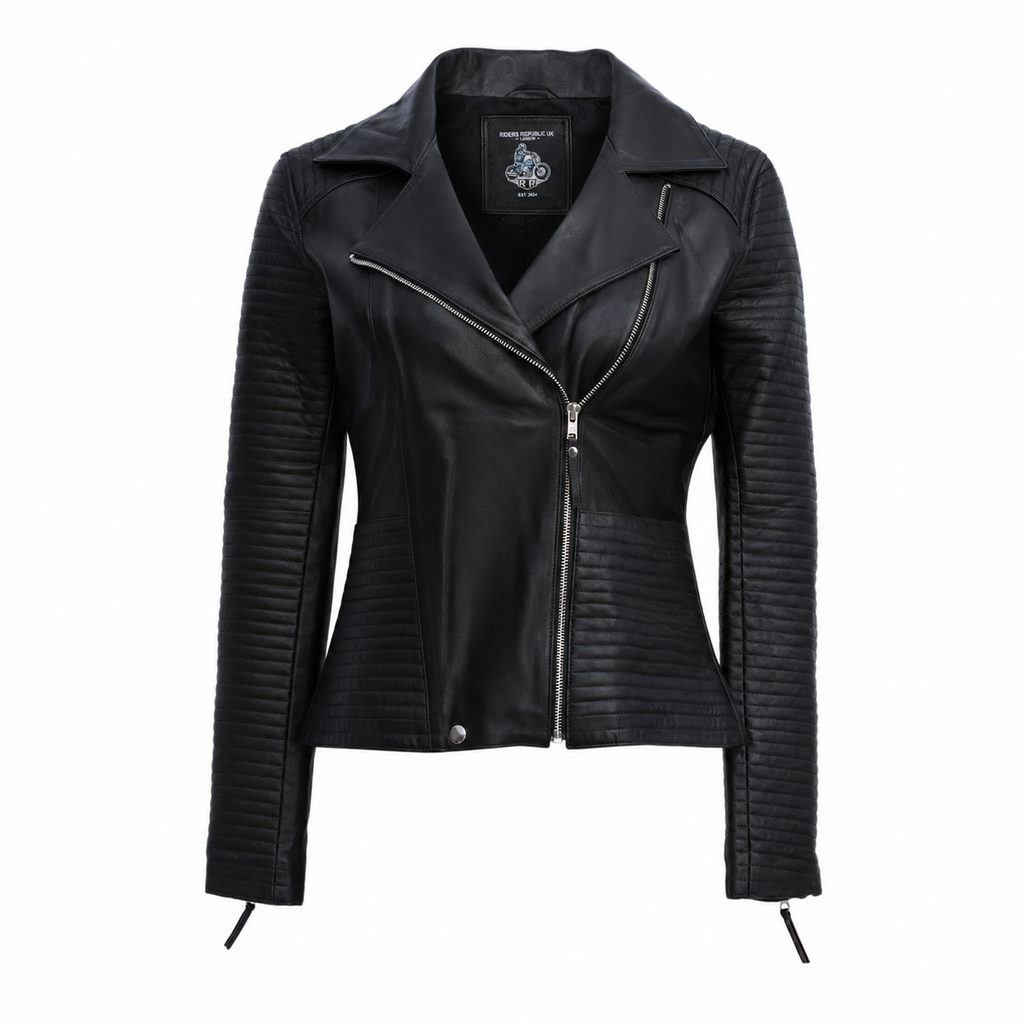 Women’s Black Zipper Biker Jacket with Lip Collar Leather-0