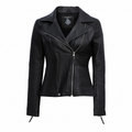 Women’s Black Zipper Biker Jacket with Lip Collar Leather-0