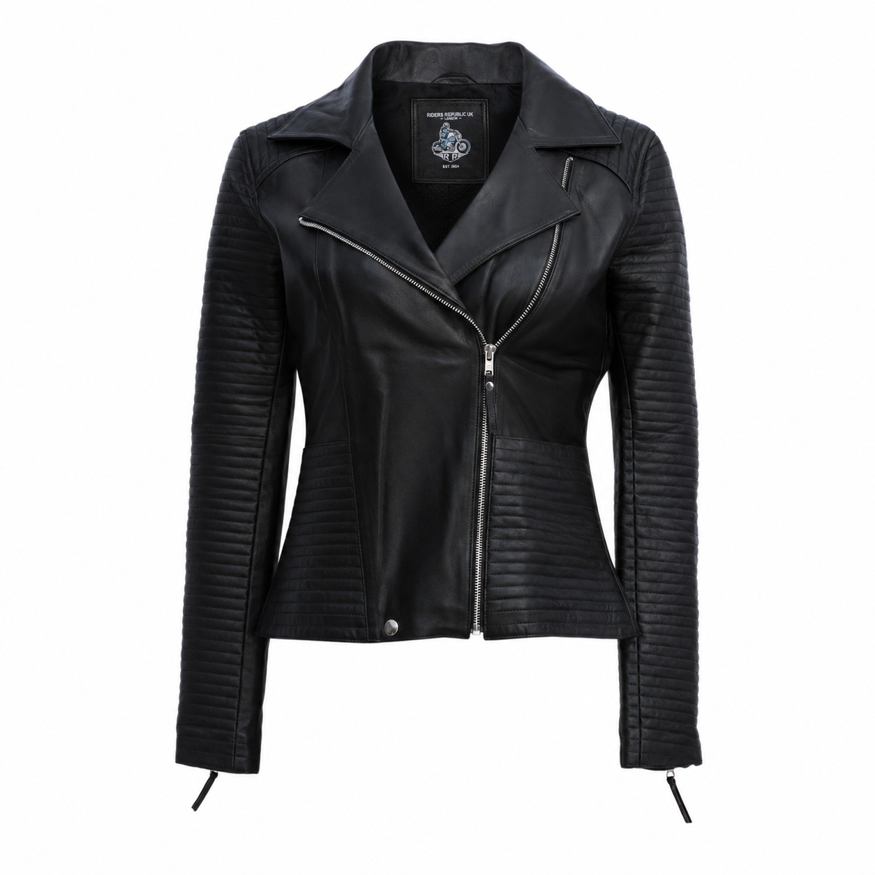 Women’s Black Zipper Biker Jacket with Lip Collar Leather-0