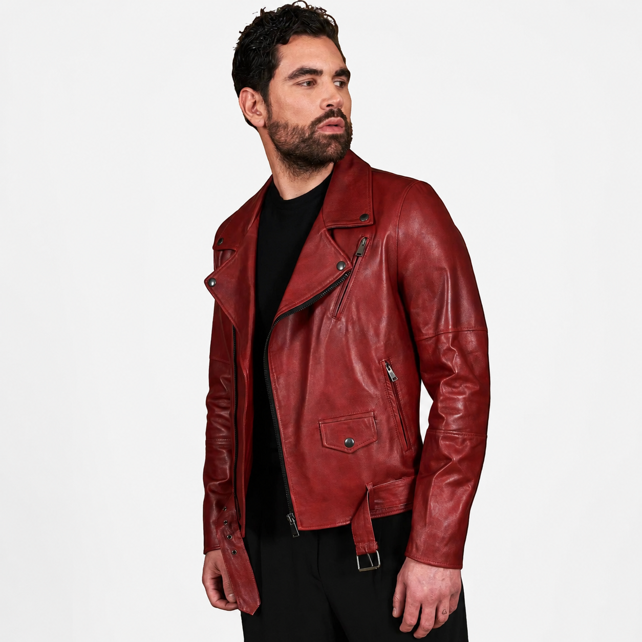 Men’s Slim Fit Glossy Red USA Biker Leather Jacket-2