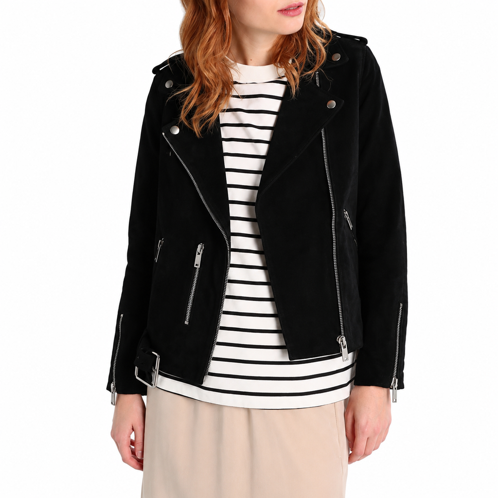 Women’s Black Suede Leather Motorcycle Jacket-1
