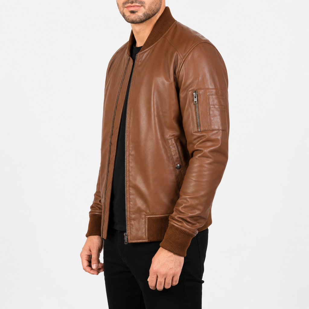 Men’s Brown Leather Bomber Biker Jacket-3