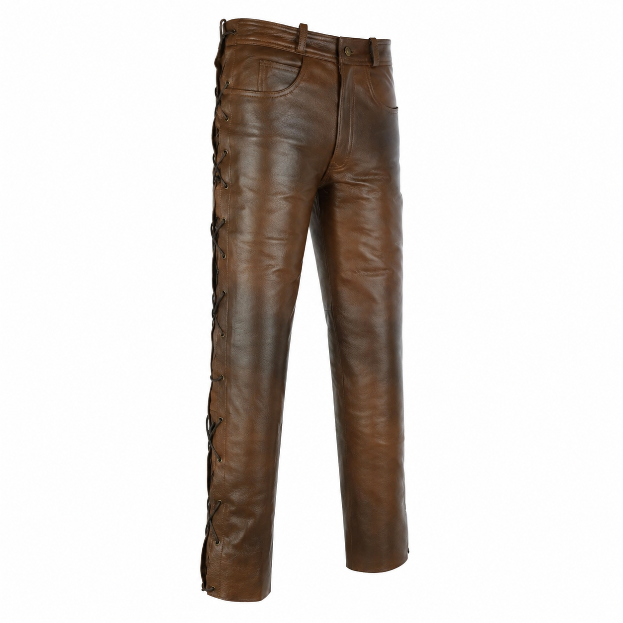 Men’s Brown Leather Pants with Side Laces-1