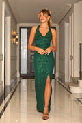 Amar Green Sequin Cowl Neck Maxi Dress-0
