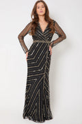 Black And Gold Long Sleeve Embellished Maxi Dress-0