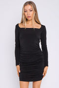 Black Diamante Ruched Mini Dress with Long Sleeves-0