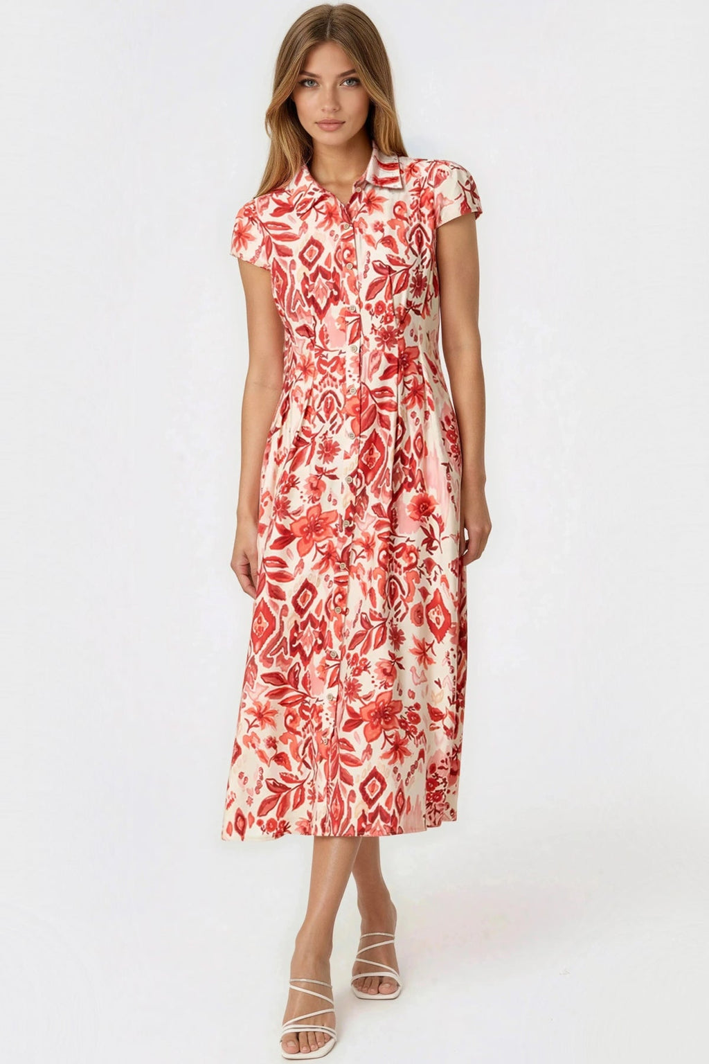 Orange Floral Shirt Midi Dress-0