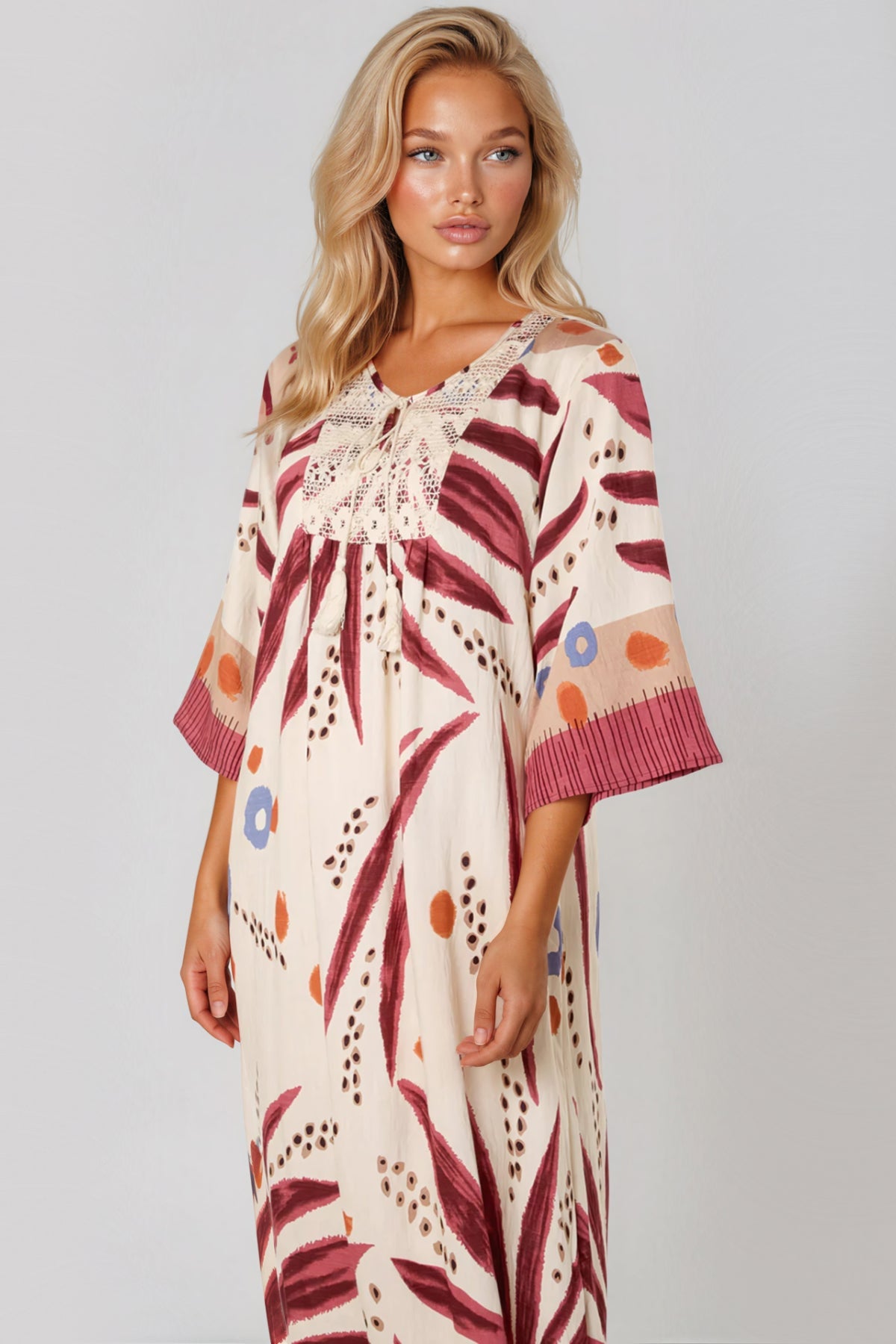 Coral Crochet Detail Beach Kaftan-1