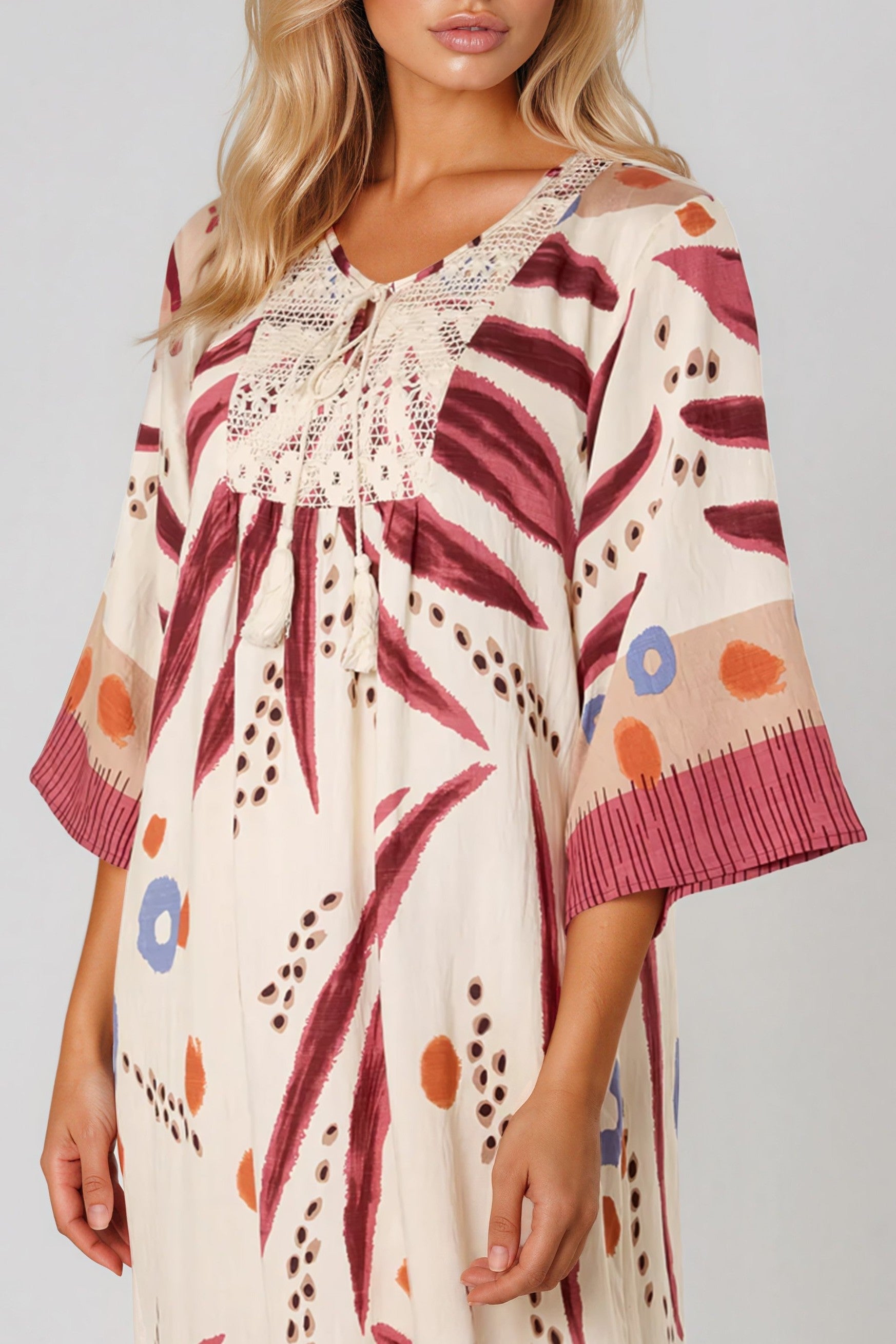 Coral Crochet Detail Beach Kaftan-2