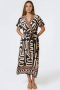 Black Abstract Print Wrap Midi Dress-0