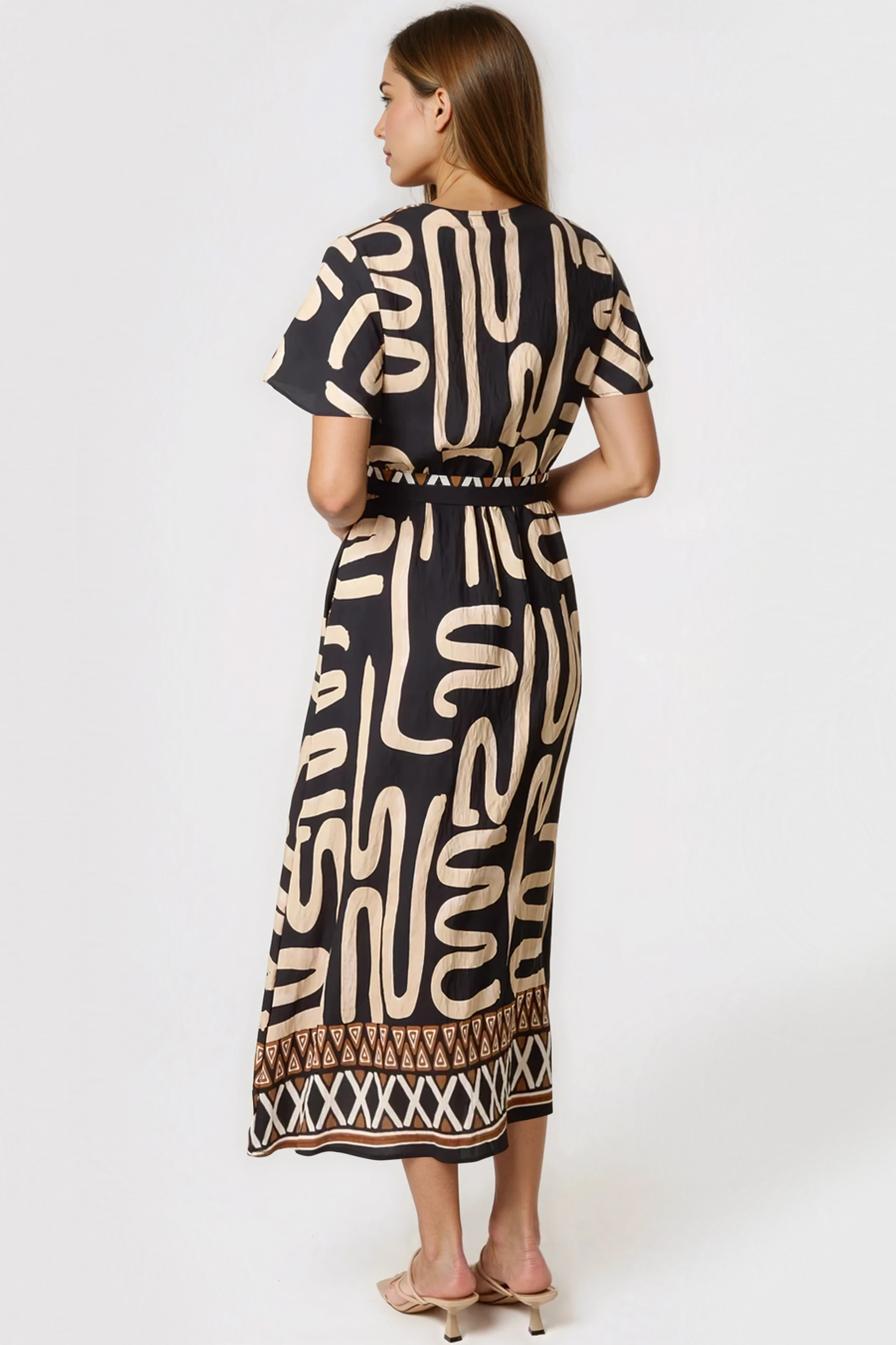 Black Abstract Print Wrap Midi Dress-2