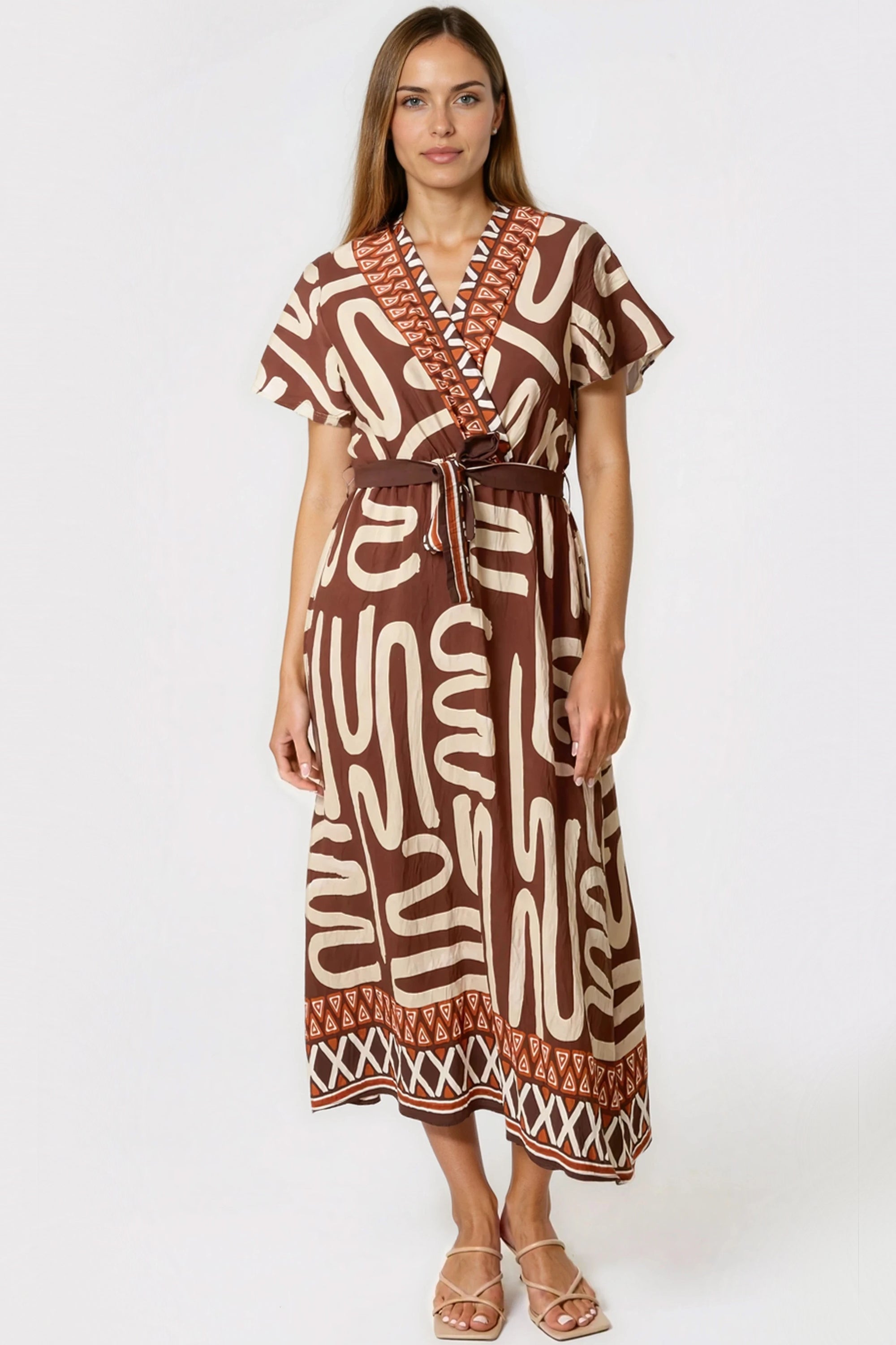 Brown Abstract Print Wrap Midi Dress-0
