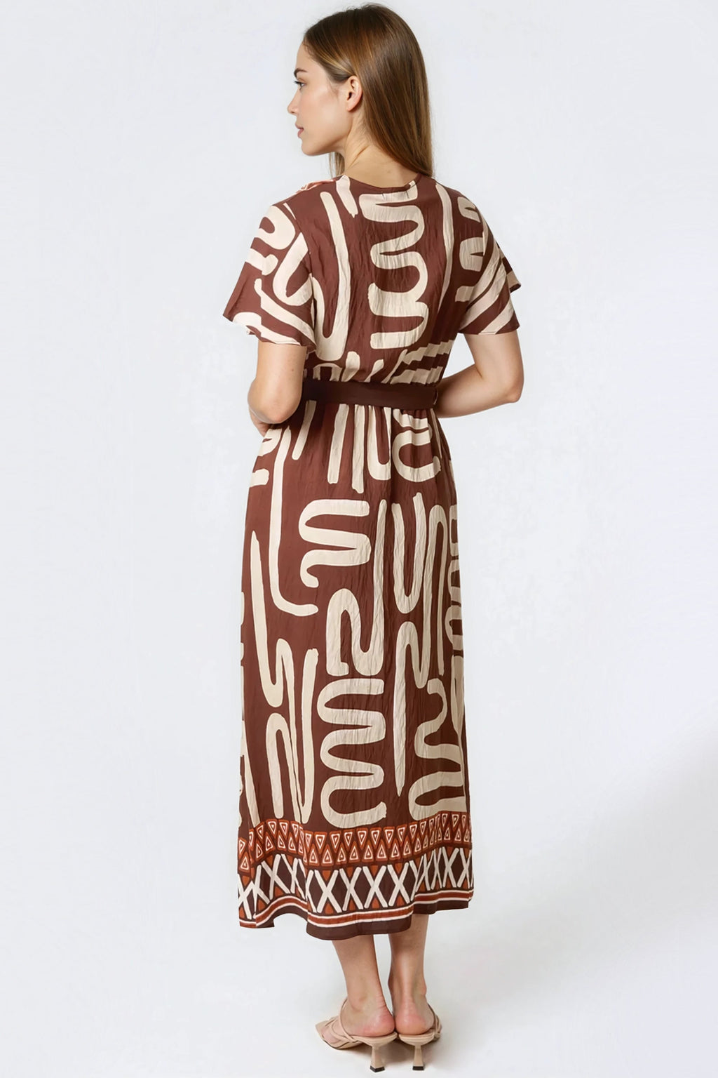 Brown Abstract Print Wrap Midi Dress-2