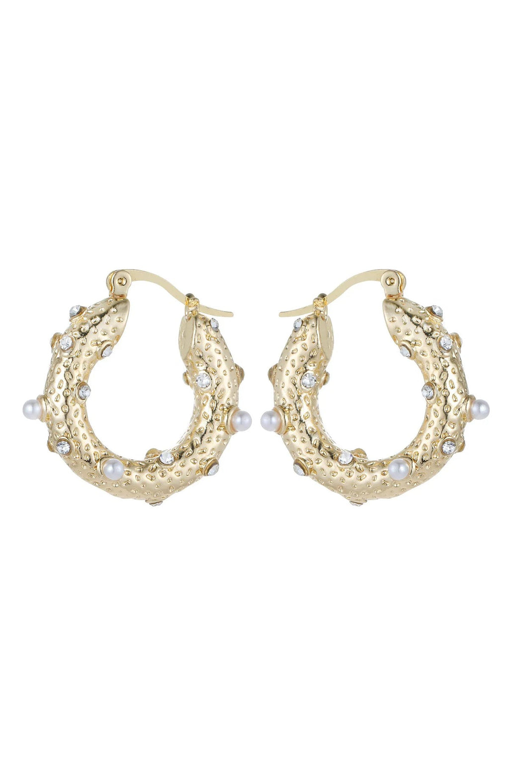 Gold Tone Small Pearl and Diamante Hoop Earrings-0