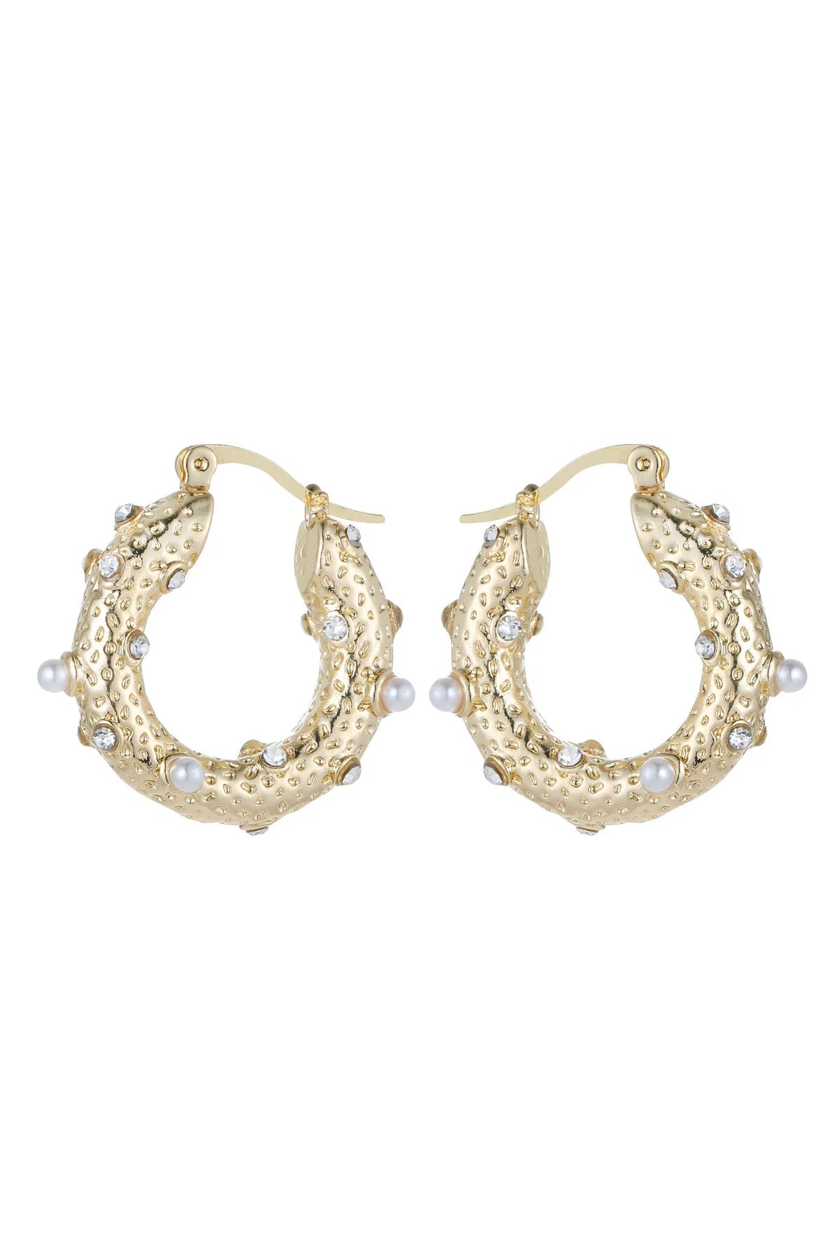 Gold Tone Small Pearl and Diamante Hoop Earrings-0