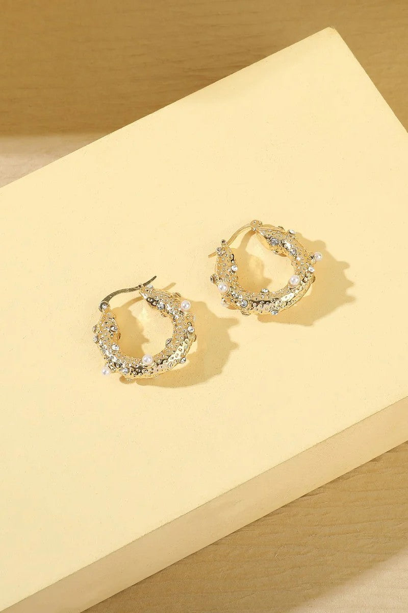 Gold Tone Small Pearl and Diamante Hoop Earrings-1