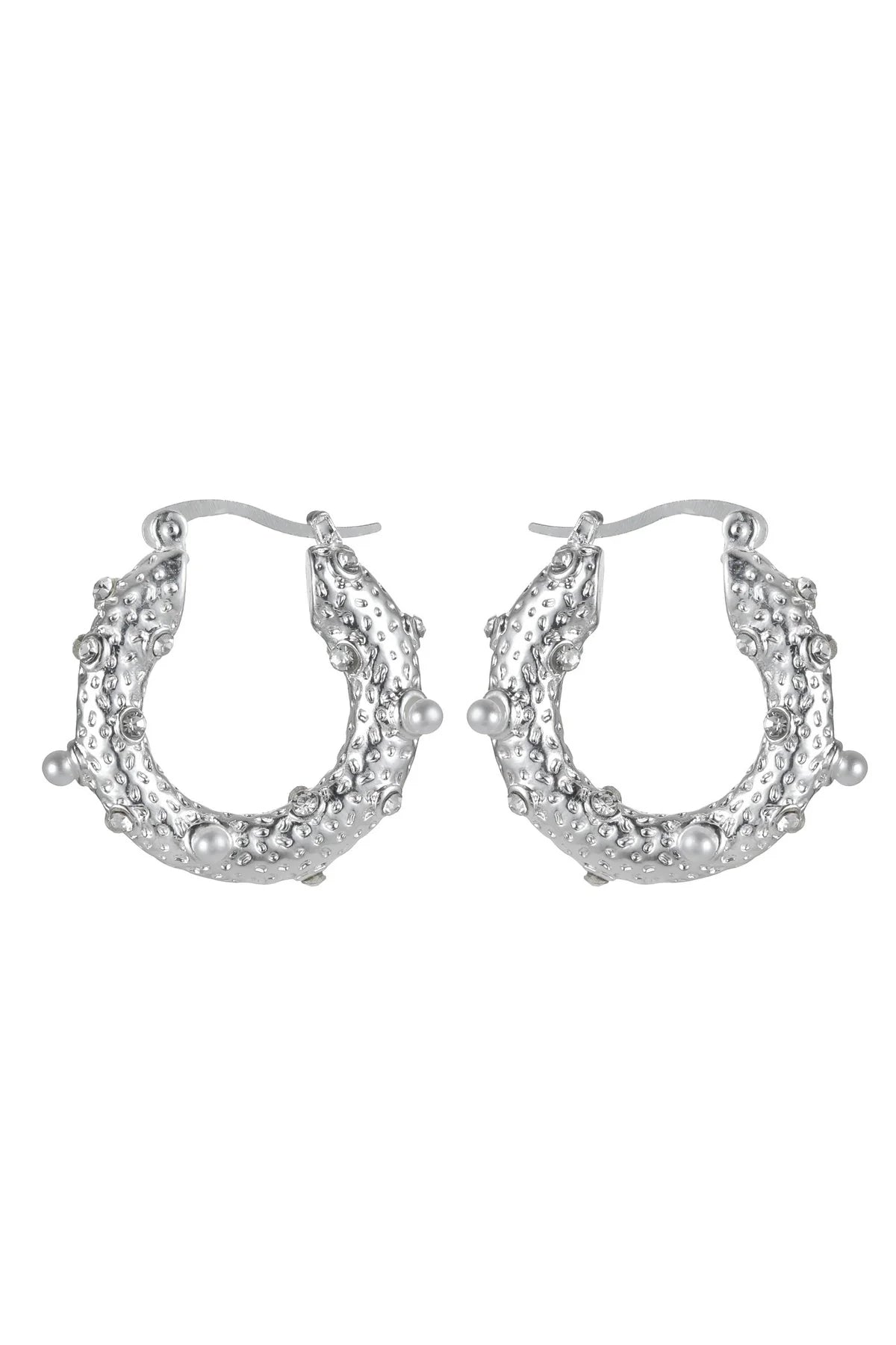 Silver Tone Small Pearl and Diamante Hoop Earrings-0