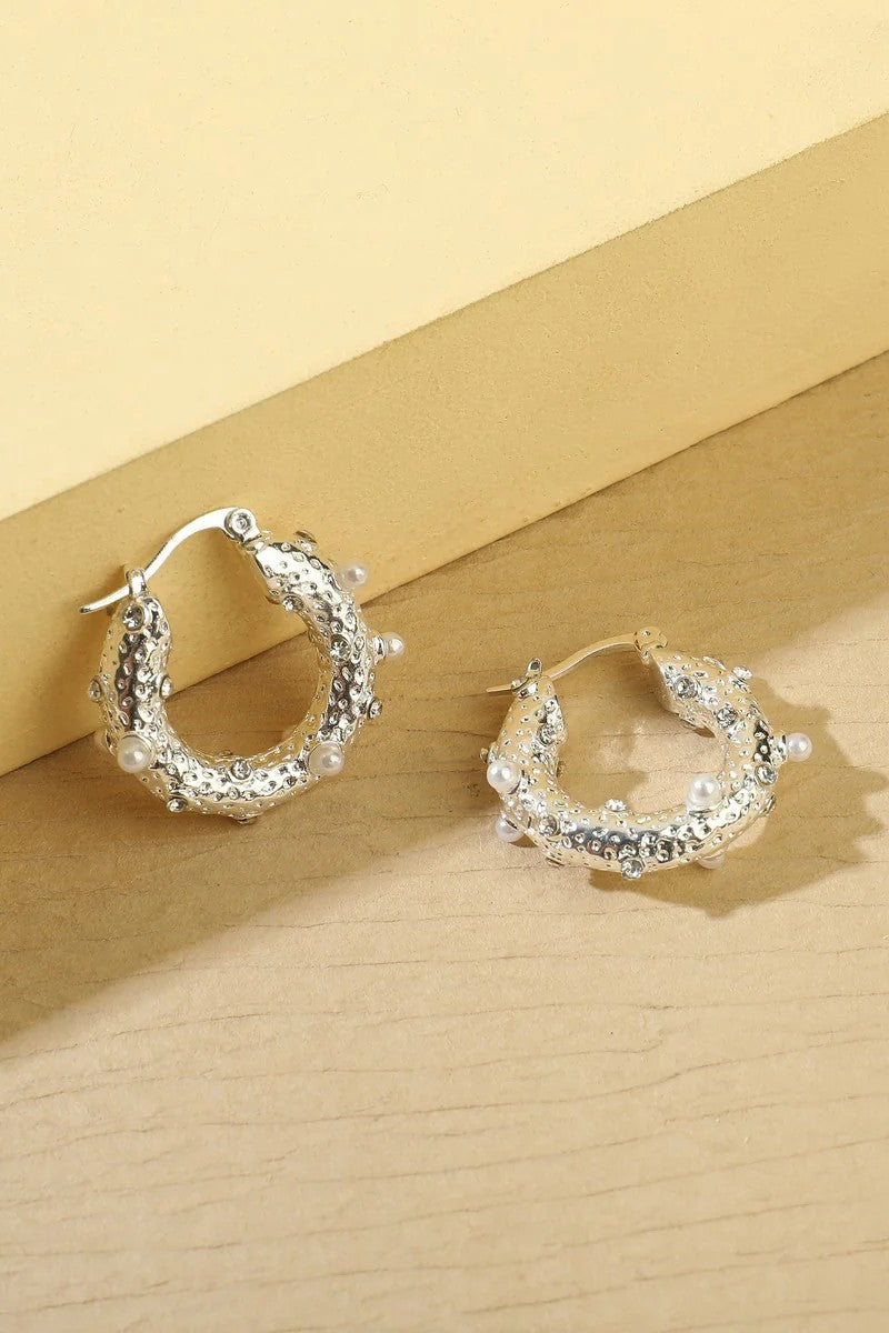 Silver Tone Small Pearl and Diamante Hoop Earrings-1