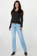 Black V Neck Long Sleeve Top-0