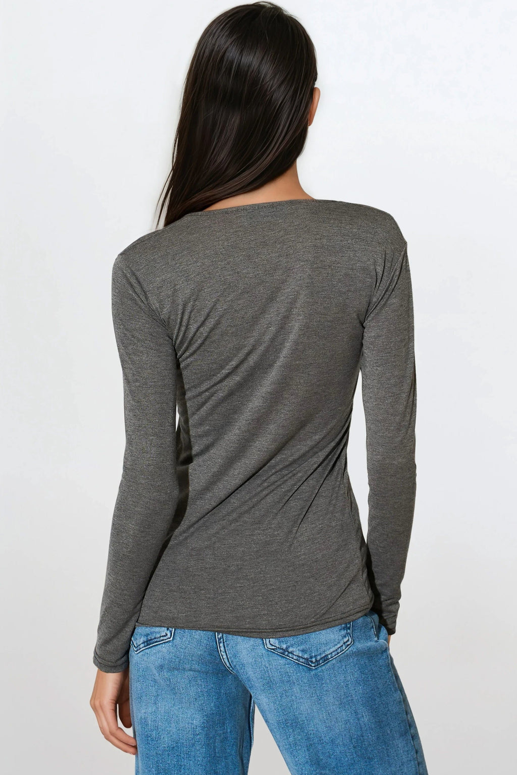 Charcoal V Neck Long Sleeve Top-2