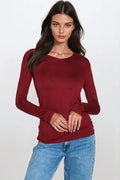 Wine V Neck Long Sleeve Top-0