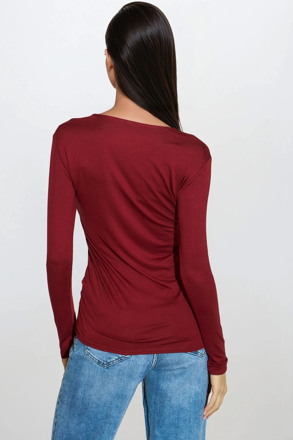 Wine V Neck Long Sleeve Top-2