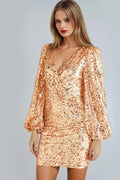 Rose Gold Sequin V-Neck Long Sleeve Bodycon Dress-0