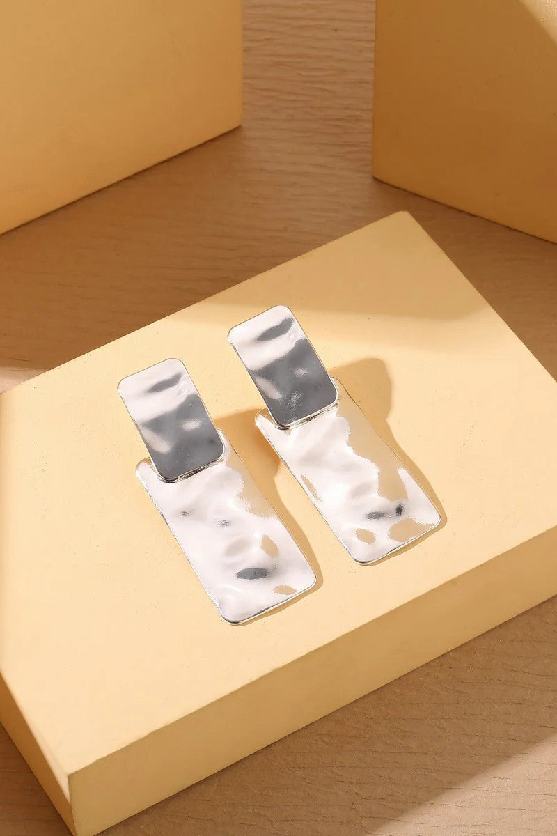 Silver Tone Hammered Rectangular Earrings-1