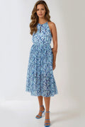 Blue Abstract Print Halterneck Midi Dress-0