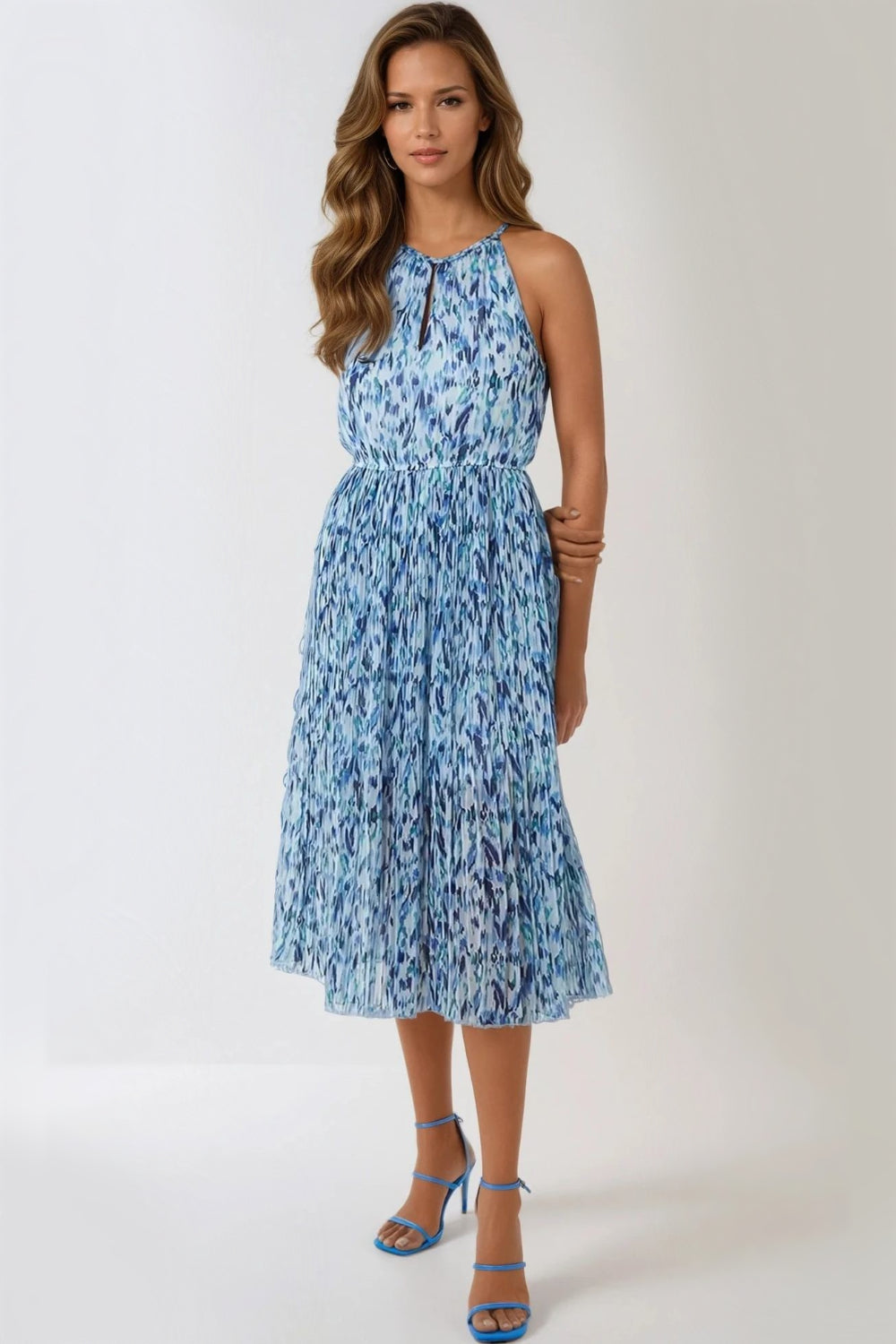 Blue Abstract Print Halterneck Midi Dress-0