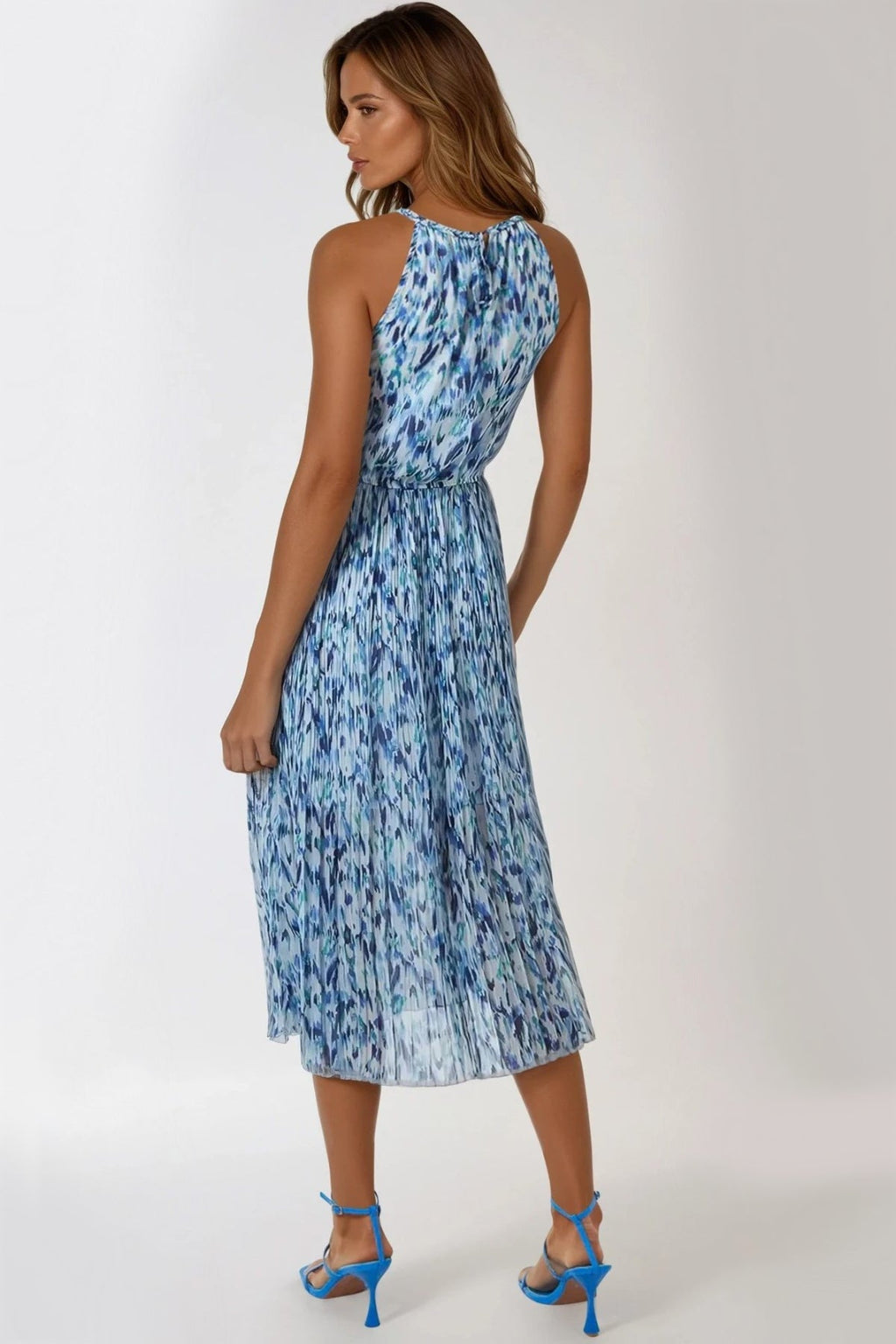 Blue Abstract Print Halterneck Midi Dress-2