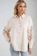 Beige Embroidered Sleeve Linen Blend Shirt-0