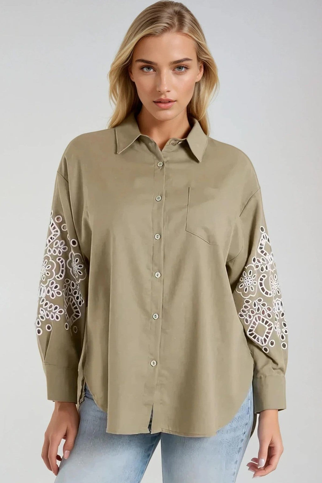 Light Khaki Embroidered Sleeve Linen Blend Shirt-0