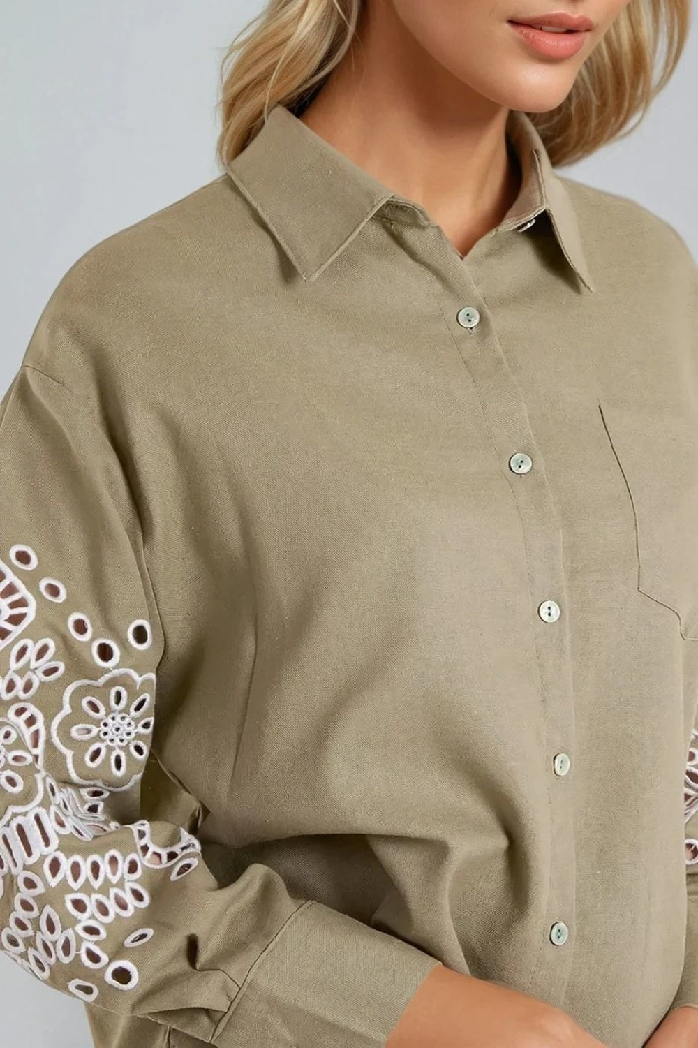 Light Khaki Embroidered Sleeve Linen Blend Shirt-1