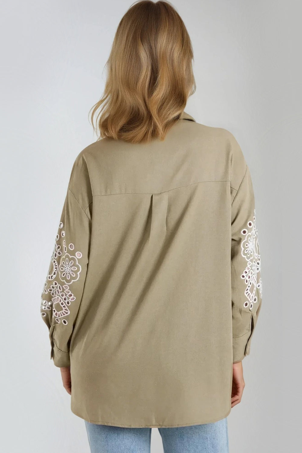 Light Khaki Embroidered Sleeve Linen Blend Shirt-2