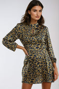 Khaki Animal High Neck Keyhole Mini Dress-0