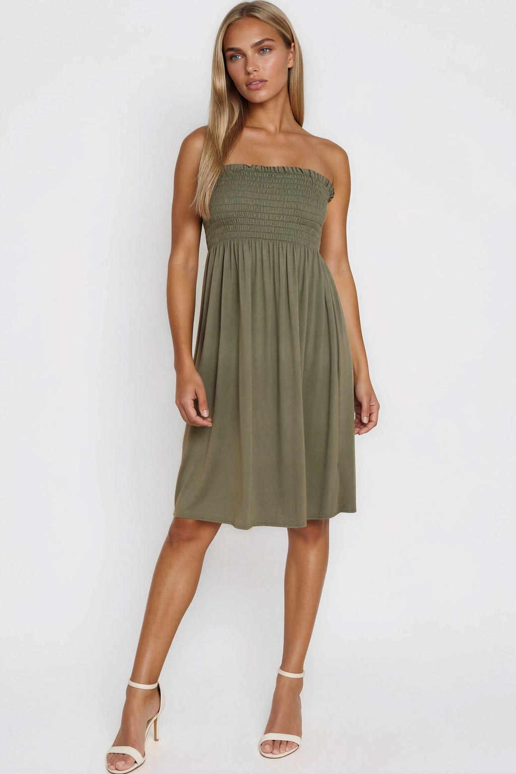 Khaki Shirred Bandeau Mini Dress-0