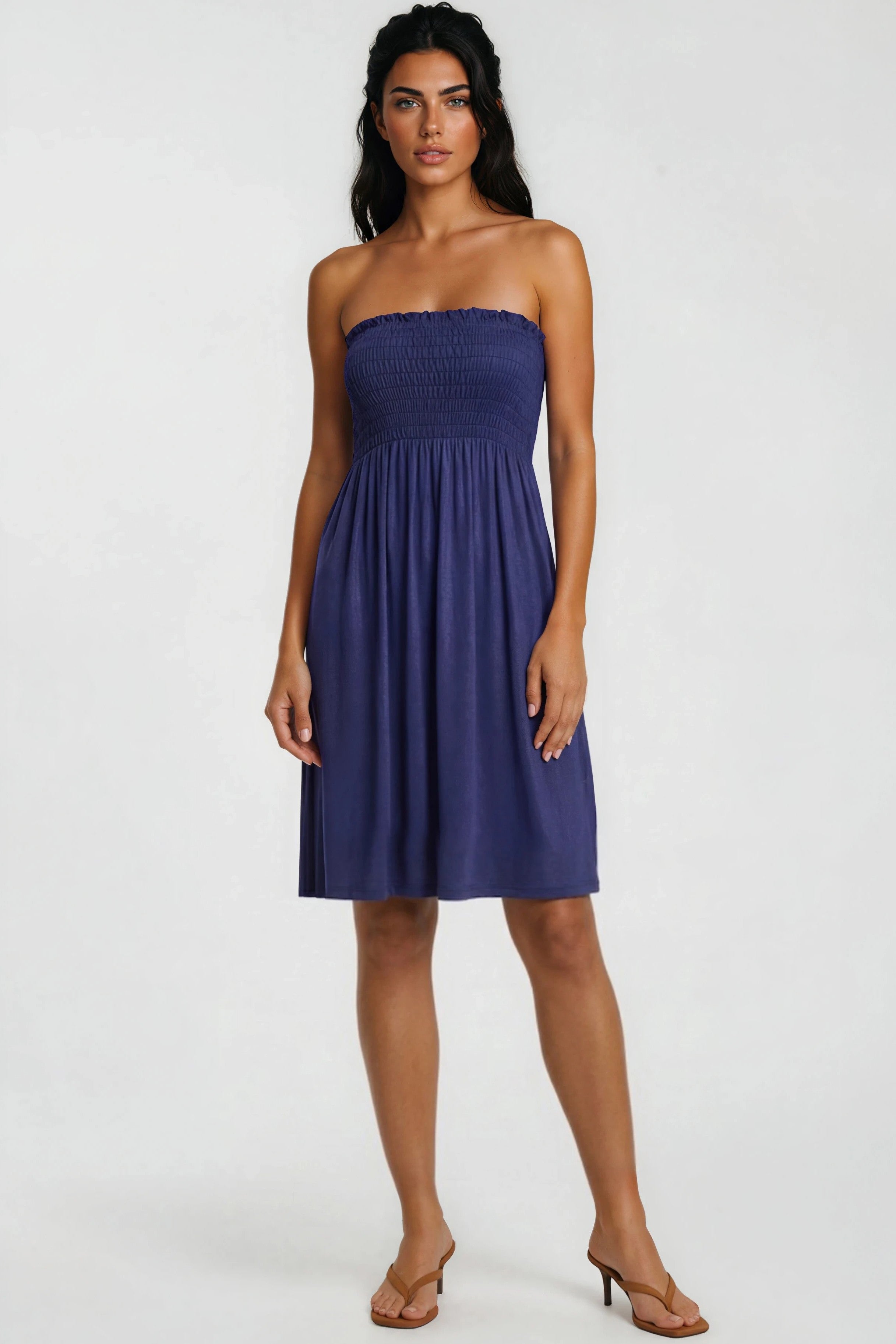 Navy Shirred Bandeau Mini Dress-0