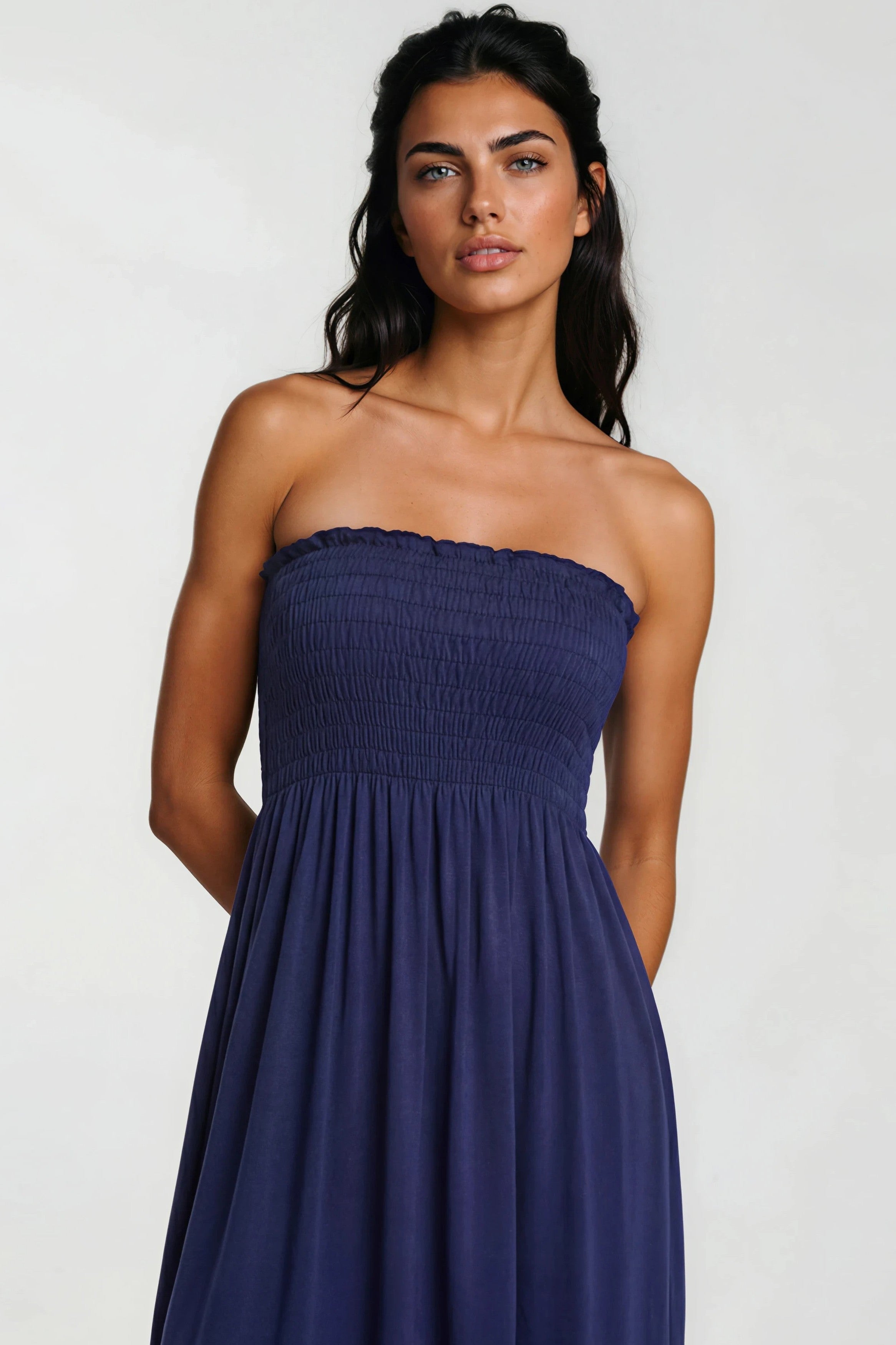Navy Shirred Bandeau Mini Dress-1