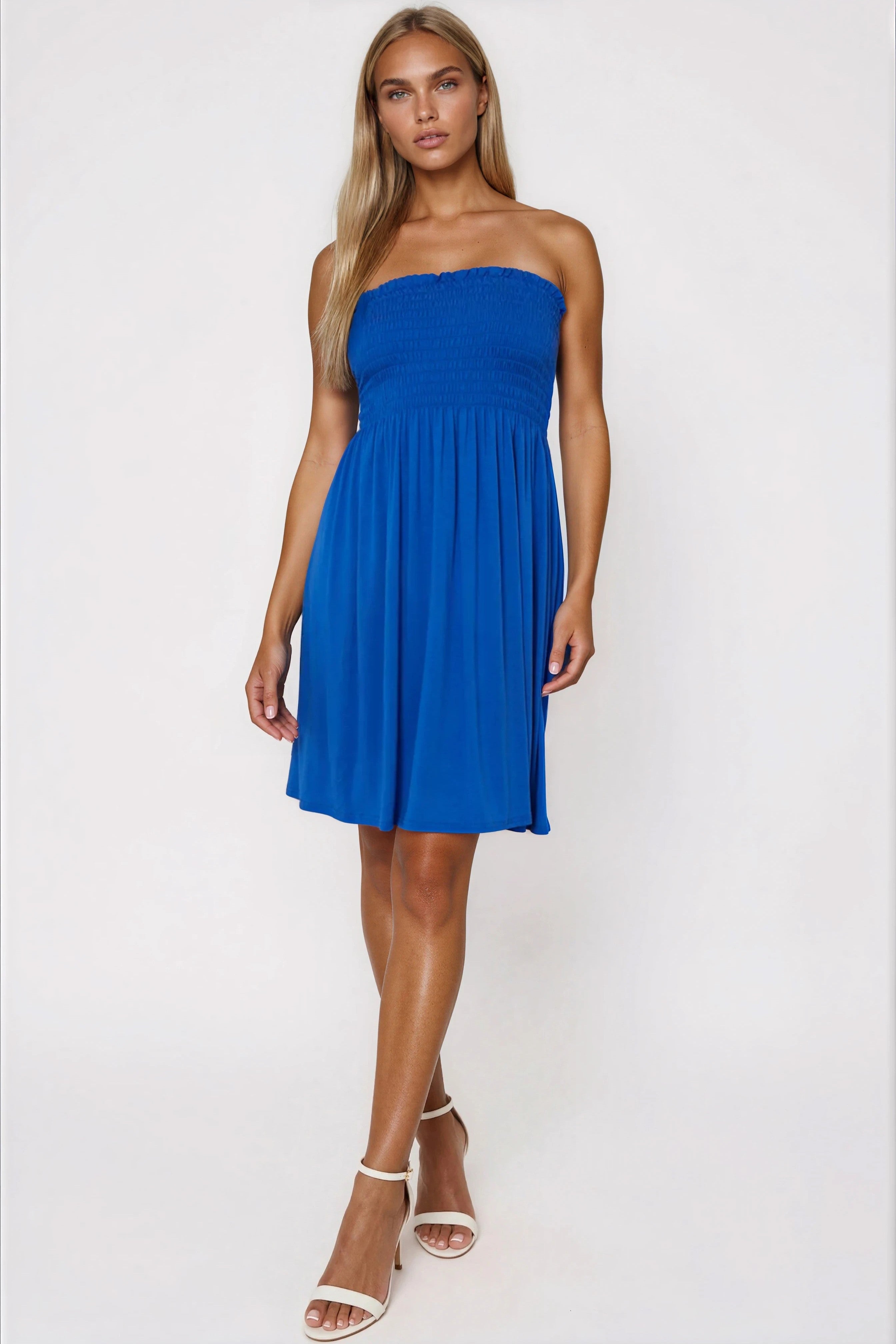 Royal Blue Shirred Bandeau Mini Dress-0