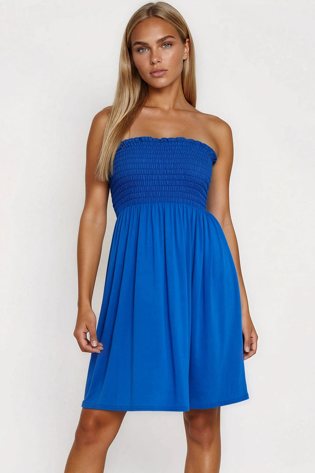 Royal Blue Shirred Bandeau Mini Dress-1