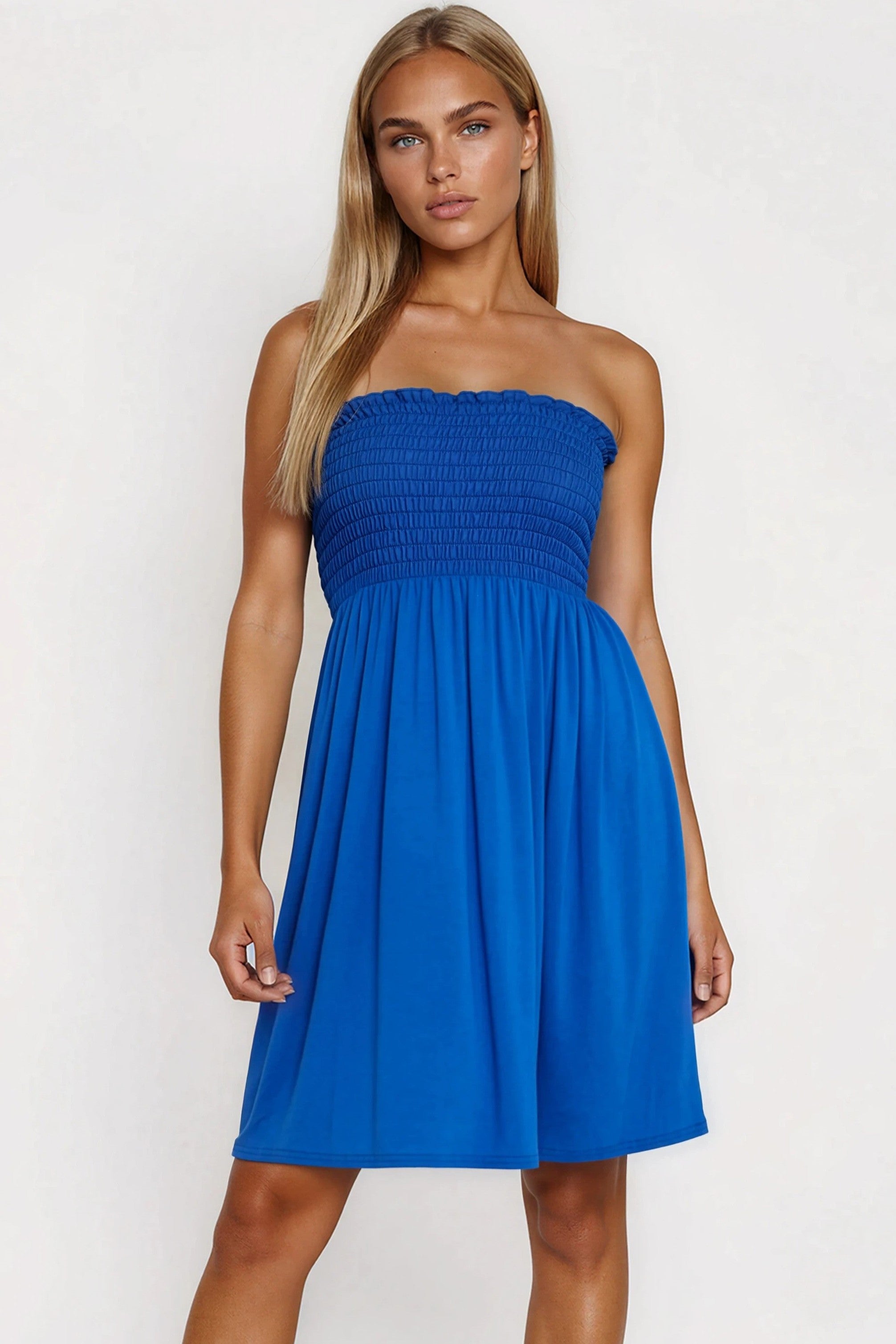 Royal Blue Shirred Bandeau Mini Dress-1