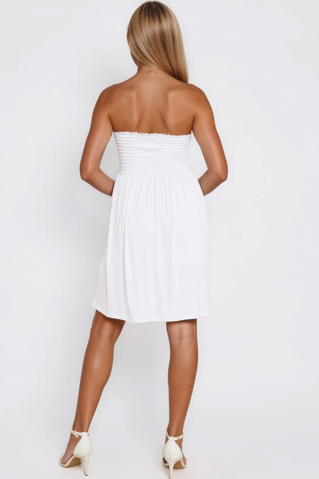 White Shirred Bandeau Mini Dress-3