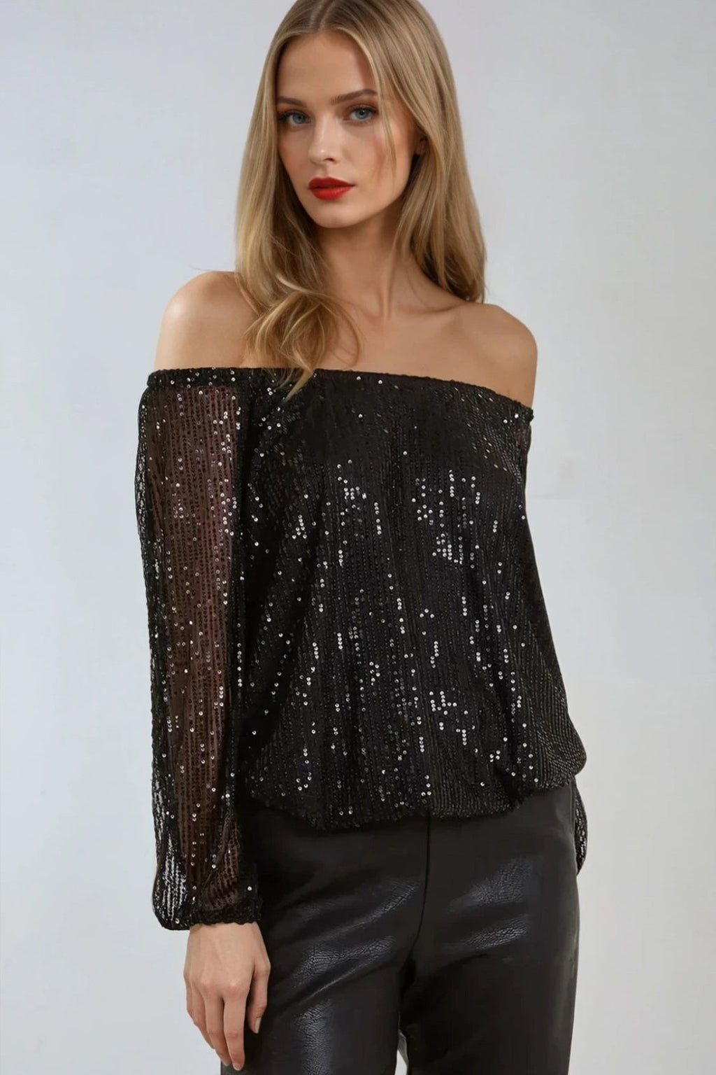 Black Sequin Long Sleeve Bardot Top-2