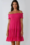 Fuchsia Bardot Shirred Mini Dress-0